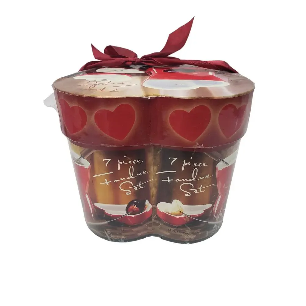 7 Piece Glass Red Heart Fondue Set - Beautiful Lover Set for Chocolate Cheese